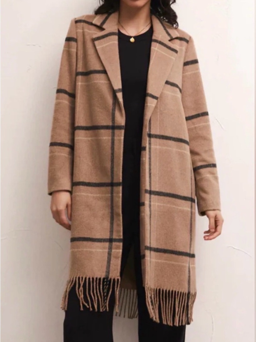 Z Supply Inez Camel Plaid Fringe Open Front Sweater Coat